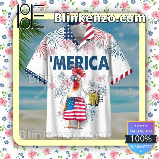 American Flag Rooster Drink Beer Print Hawaii Shirt