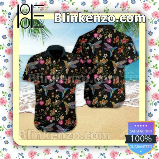 Beautiful Hummingbirds And Spring Flowers Embroidery Black Short Sleeve Shirt