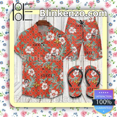 Gucci Red Flower And Bee Beach Shorts