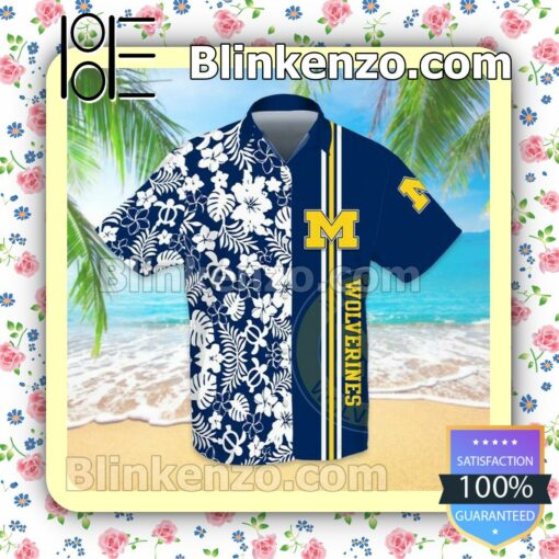 Sports American Football Ncaaf Michigan Wolverines White Hibiscus On Navy Short Sleeve Shirt