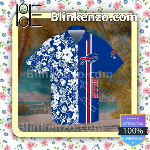 Sports American Football Nfl Buffalo Bills White Hibiscus On Blue Short Sleeve Shirt