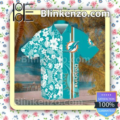 Sports American Football Nfl Miami Dolphins White Hibiscus On Turquoise Short Sleeve Shirt