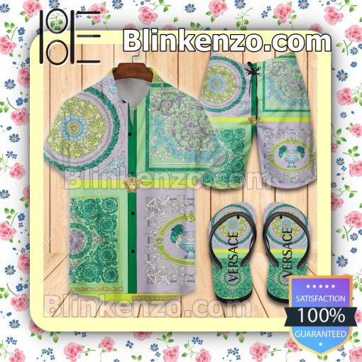 Versace Green Barocco Mosaic Print Silk Beach Shorts