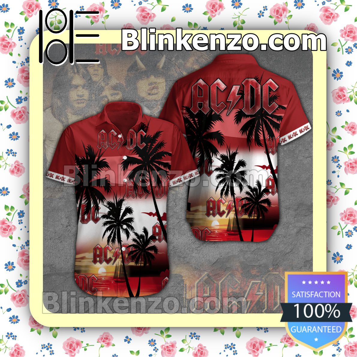 AC/DC Rock Band Sunset Palm Tree Red Summer Hawaiian Shirt, Mens Shorts