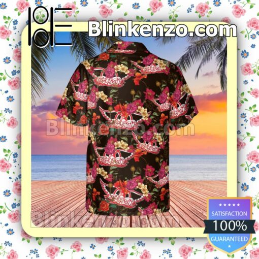 Aerosmith Rock Band Red Logo Floral Pattern Summer Hawaiian Shirt, Mens Shorts a
