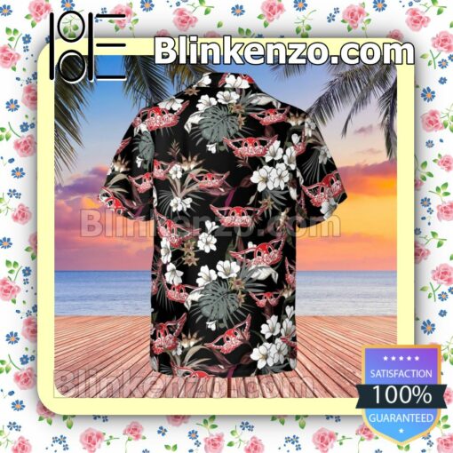 Aerosmith Rock Band Tropical Forest Black Summer Hawaiian Shirt, Mens Shorts a