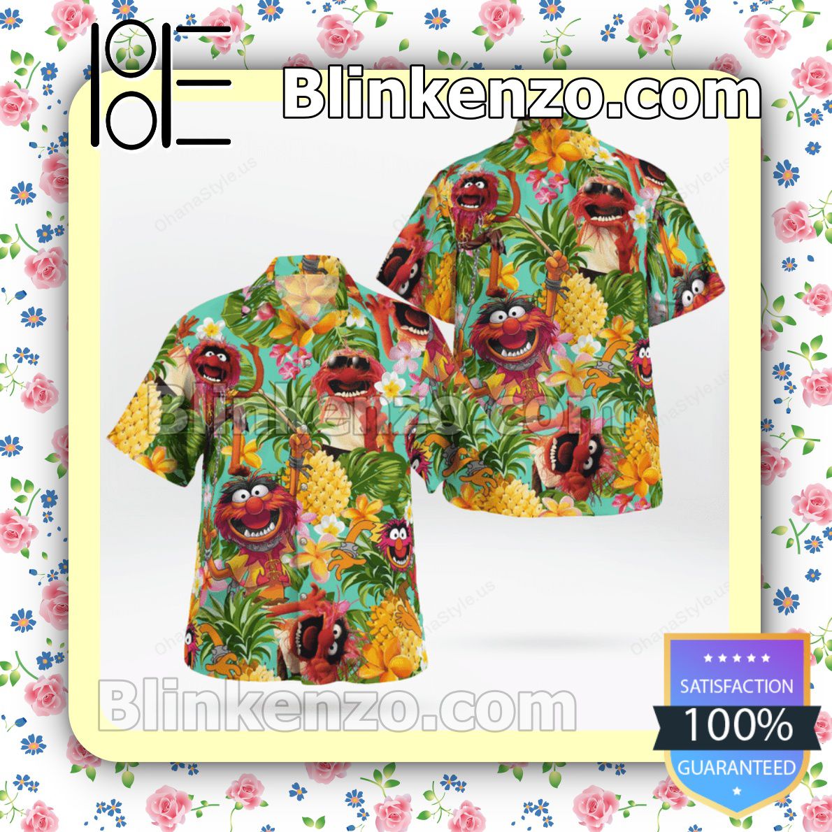 Animal Muppet Pineapple Tropical Button Summer Hawaiian Shirt, Mens Shorts