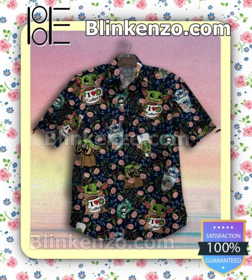 Baby Yoda And Stitch Love Coffee Flower Black Summer Shirts