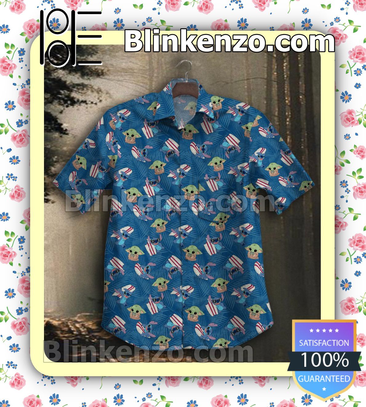 All Over Print Baby Yoda And Stitch Palm Leaf Print Blue Summer Shirts