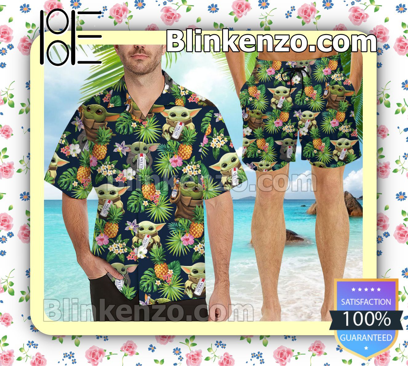 Baby Yoda Michelob Ultra Flowery Navy Summer Hawaiian Shirt, Mens Shorts