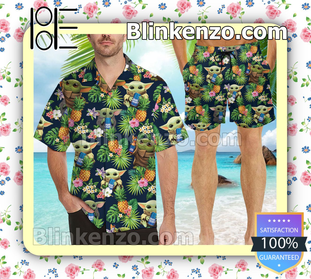 Baby Yoda Star Wars Bud Light Flowery Navy Summer Hawaiian Shirt, Mens Shorts