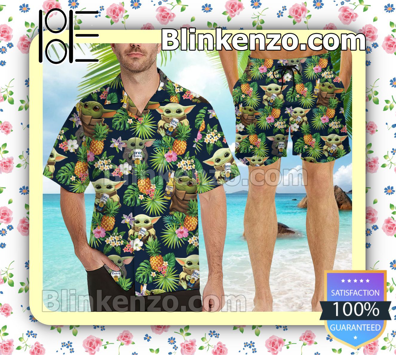 Baby Yoda Star Wars Corona Beer Flowery Navy Summer Hawaiian Shirt, Mens Shorts
