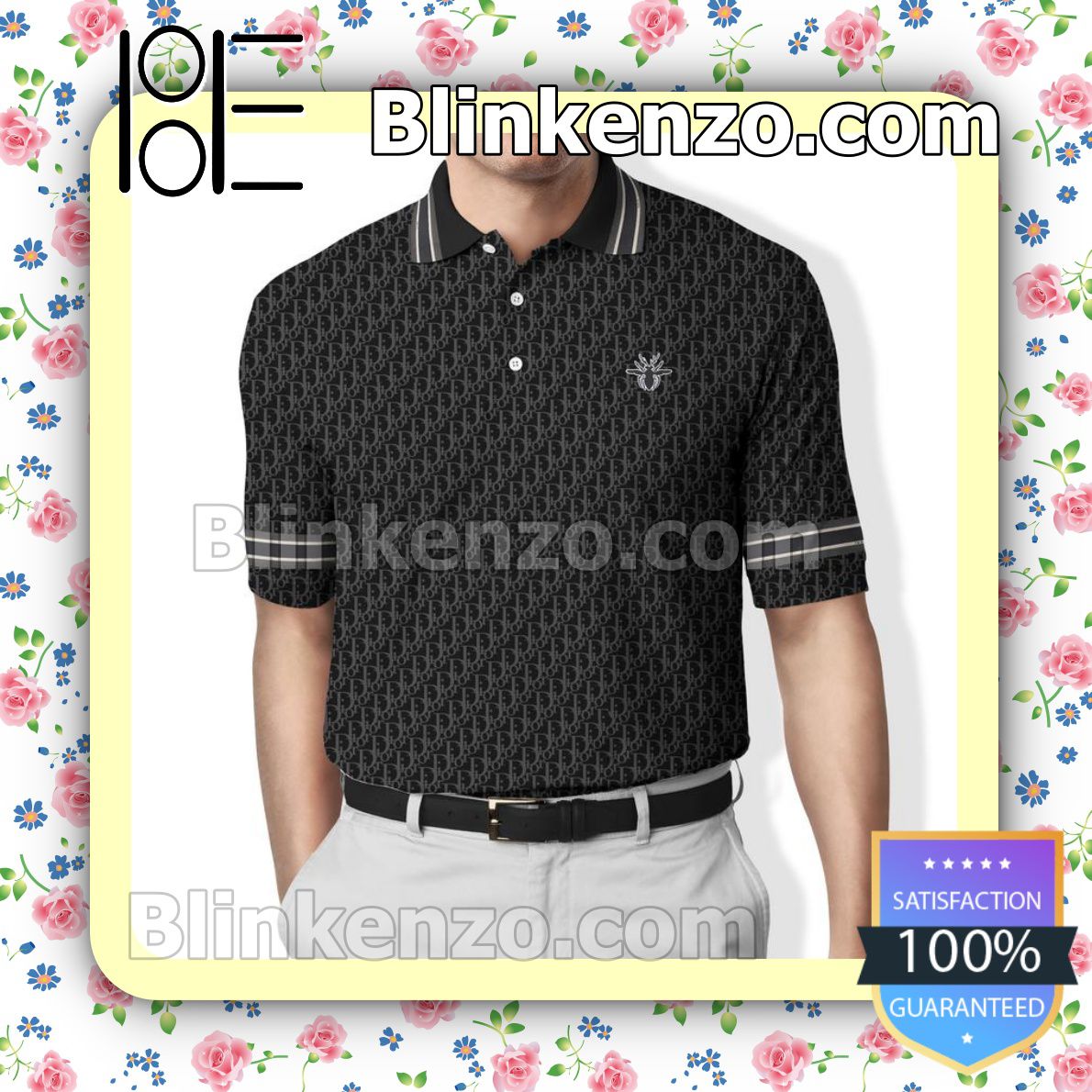 Bee Dior Monogram Black Embroidered Polo Shirts
