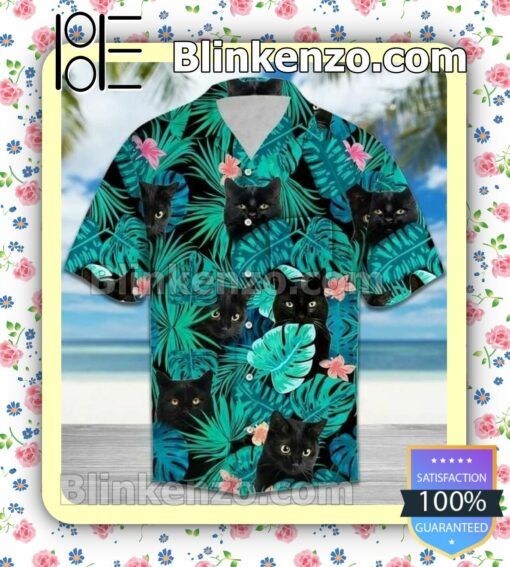 Black Cat Behind Tropical Leaves Summer Shirt