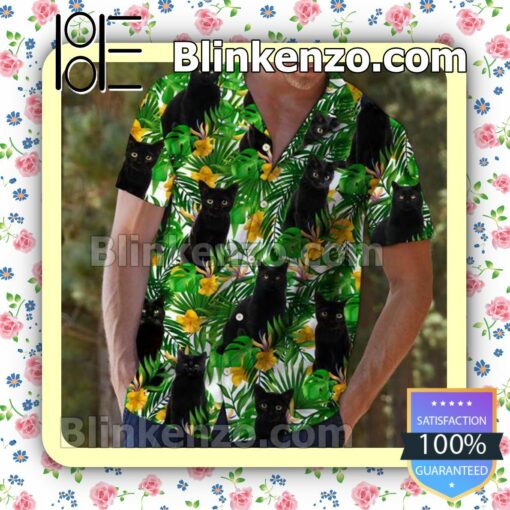 Black Cat Tropical Wild Flowers Summer Shirts