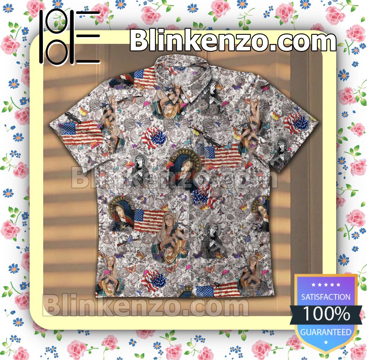 Blessed Mother With Gun And American Flag Veteran Summer Shirts