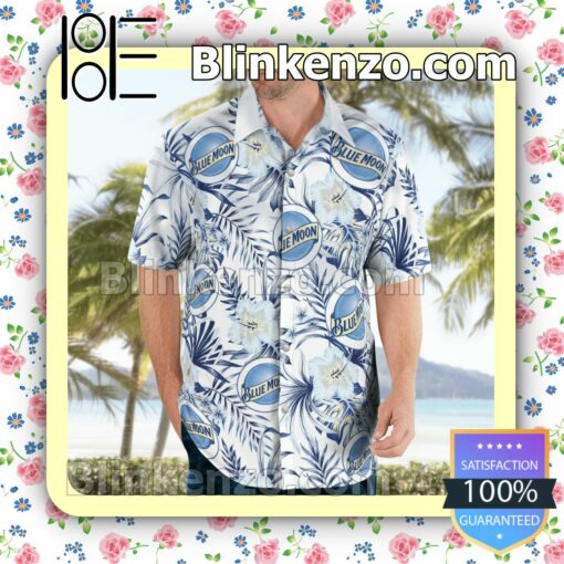 Blue Moon Beer Logo White Summer Hawaiian Shirt, Mens Shorts a
