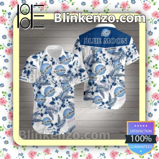 Blue Moon Logo And Navy Tropical Floral White Summer Shirts