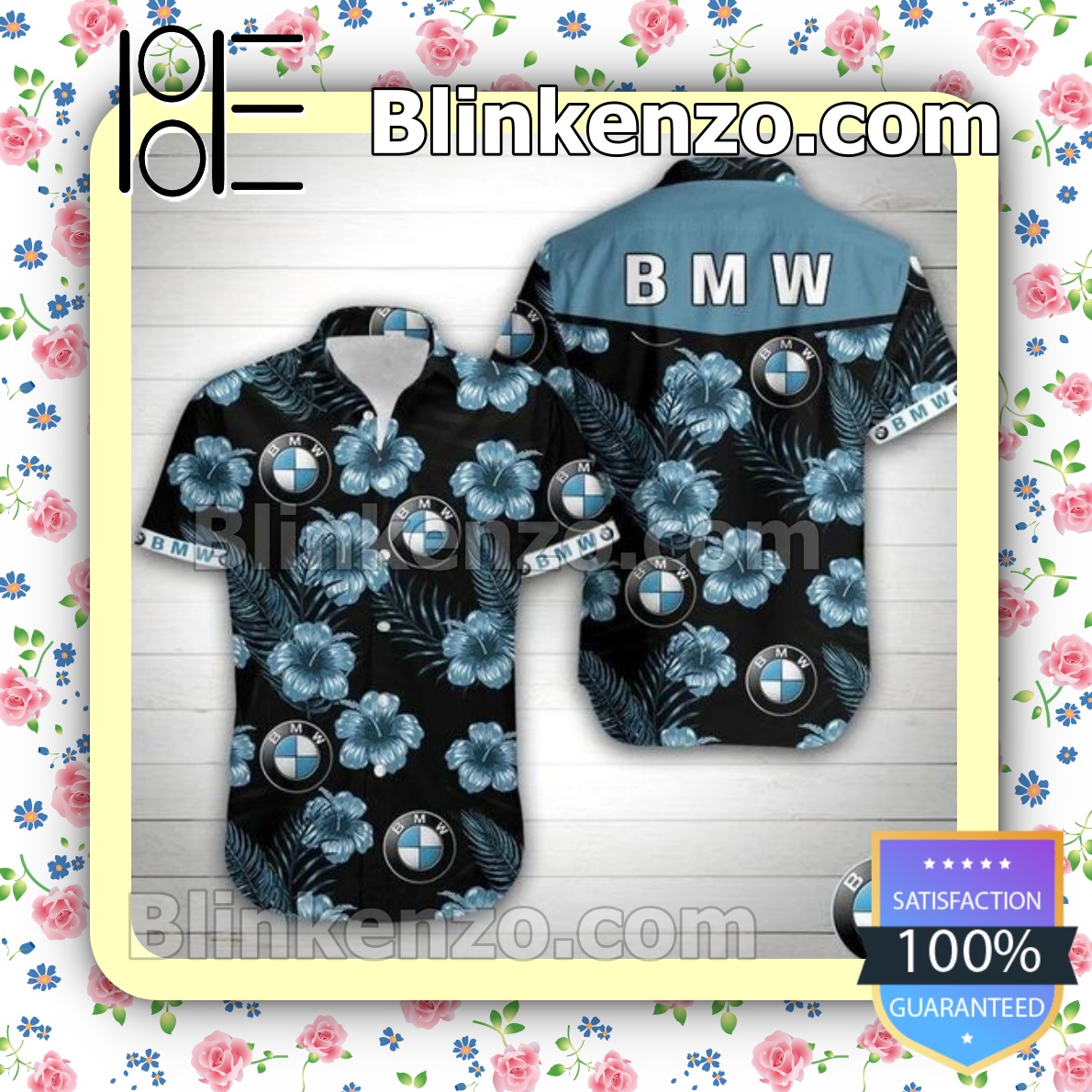 Perfect Bmw Logo And Blue Hibiscus Black Summer Shirts