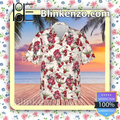 Bon Jovi Rock Band Floral Pattern White Summer Hawaiian Shirt, Mens Shorts