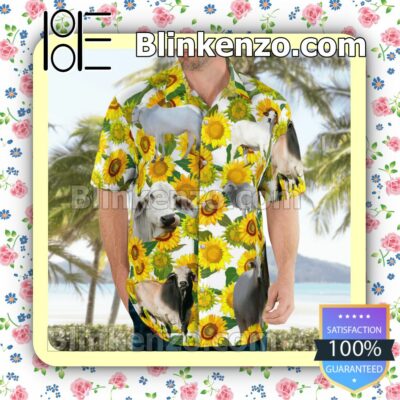 Brahman Cattle Lovers Sunflower Summer Hawaiian Shirt, Mens Shorts a