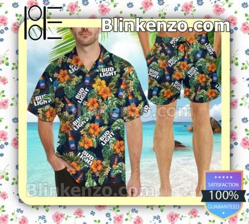 Bud Light Beer Flowery Black Summer Hawaiian Shirt, Mens Shorts