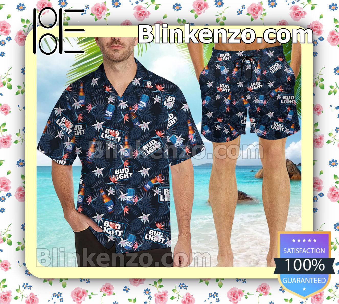 Bud Light Beer Flowery Navy Summer Hawaiian Shirt, Mens Shorts