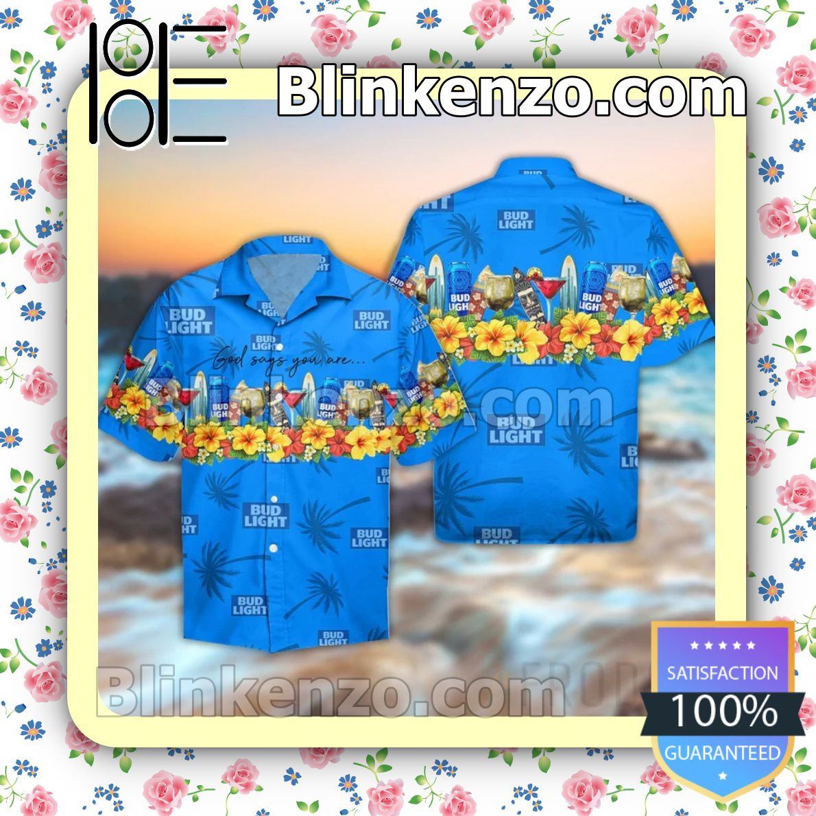 Bud Light Beer God Says You Are Flowery Blue Summer Hawaiian Shirt, Mens Shorts