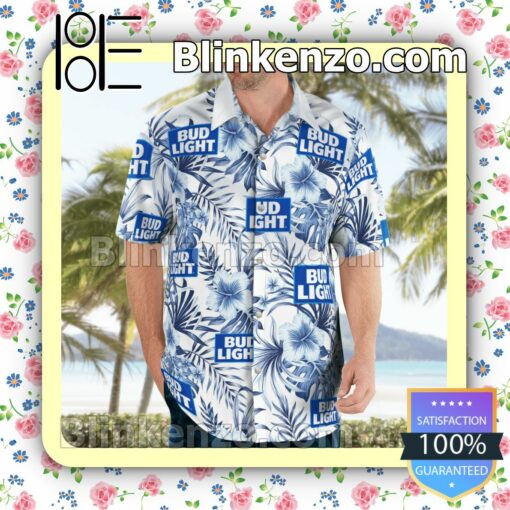 Bud Light Beer Logo White Summer Hawaiian Shirt, Mens Shorts