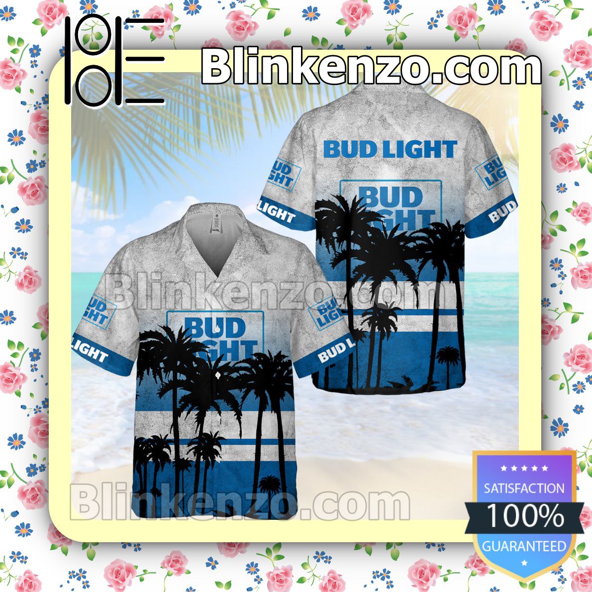 Bud Light Black Palm Tree White Blue Summer Hawaiian Shirt, Mens Shorts
