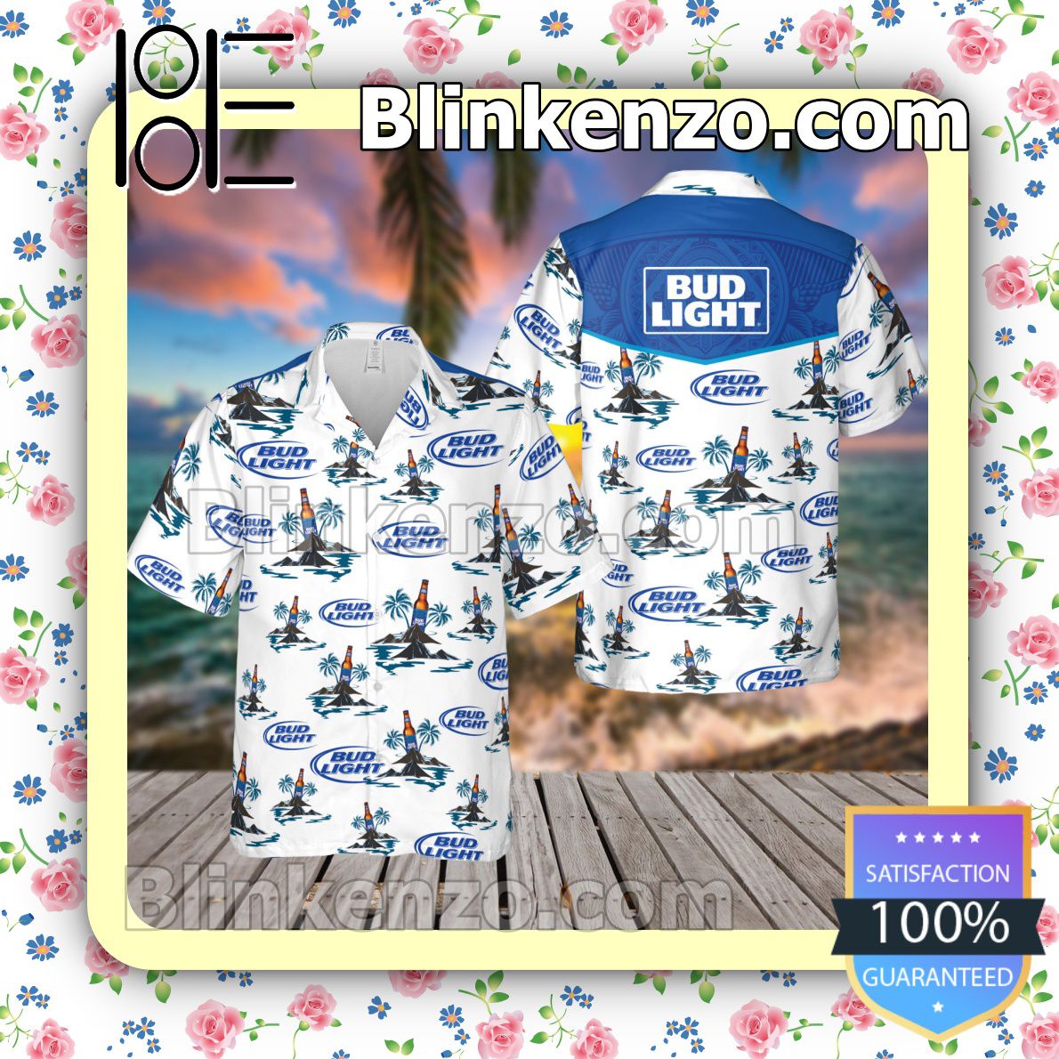 Bud Light Island White Summer Hawaiian Shirt, Mens Shorts