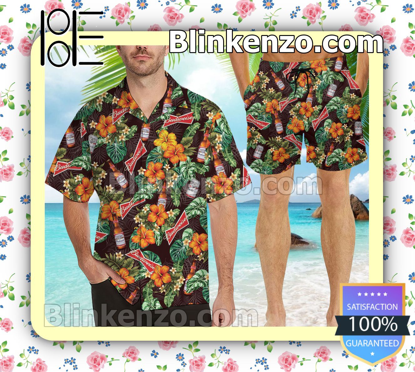 Budweiser Beer Logo Flowery Brown Summer Hawaiian Shirt, Mens Shorts