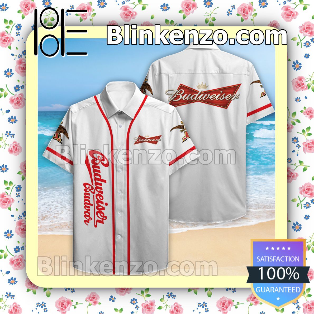 Budweiser Budvar White Summer Hawaiian Shirt, Mens Shorts