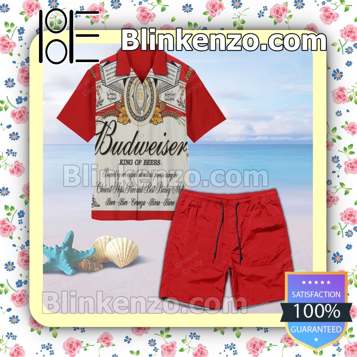 Budweiser King Of Beers Unisex Summer Hawaiian Shirt, Mens Shorts