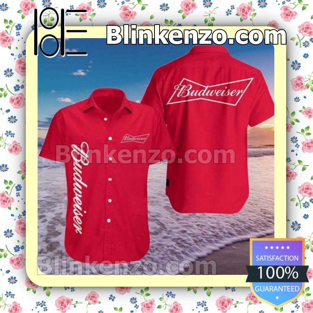 Budweiser Red Summer Hawaiian Shirt, Mens Shorts