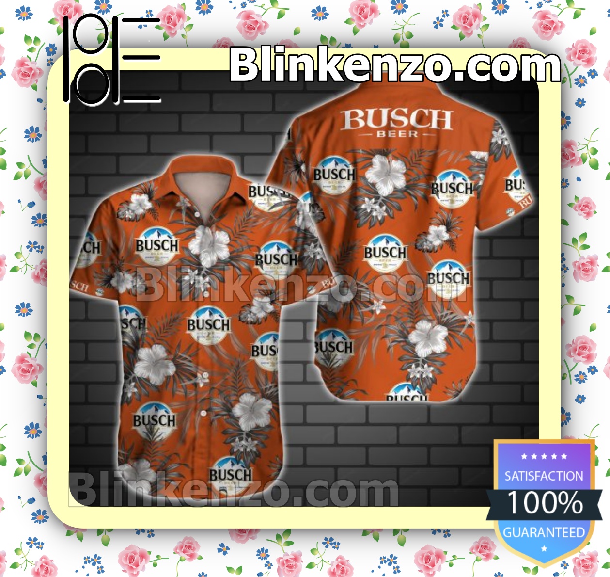 Adult Busch Beer Logo And Grey Hibiscus On Orange Summer Shirts