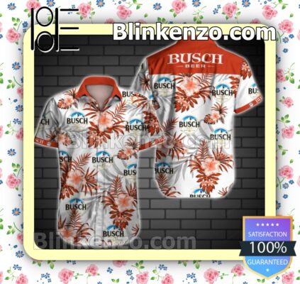 Busch Beer Logo And Red Hibiscus On White Summer Shirts