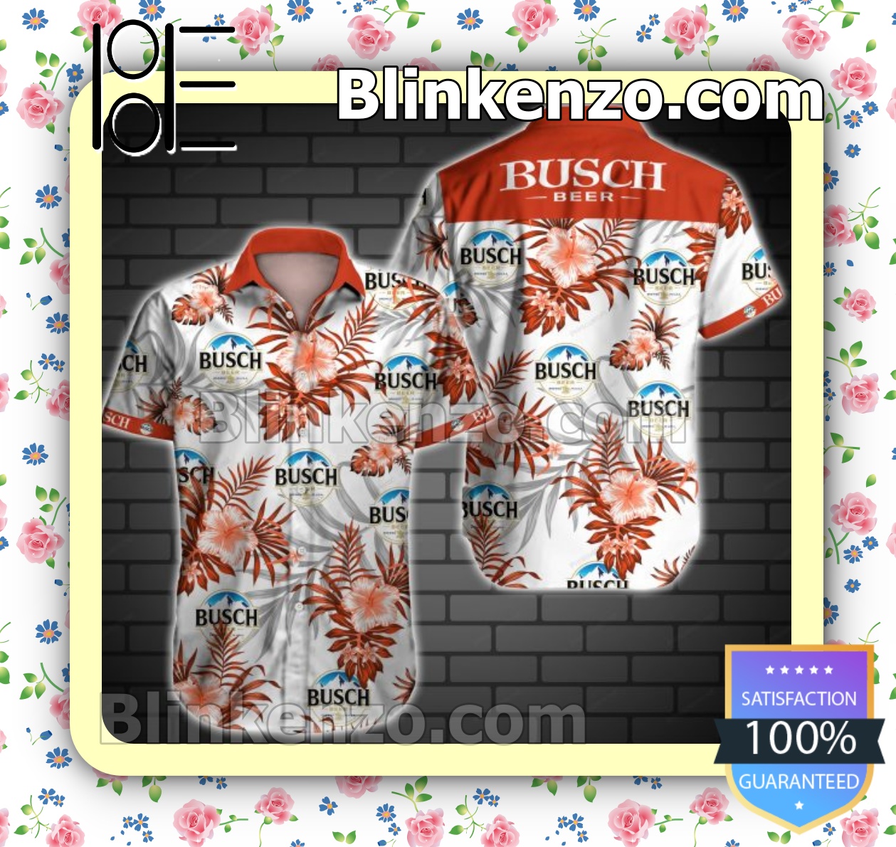 Amazon Busch Beer Logo And Red Hibiscus On White Summer Shirts