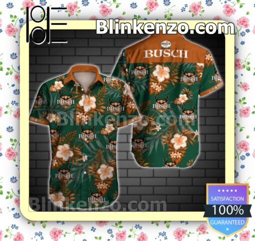 Busch Gold Trophy Beer Logo And Orange Hibiscus On Green Summer Shirts