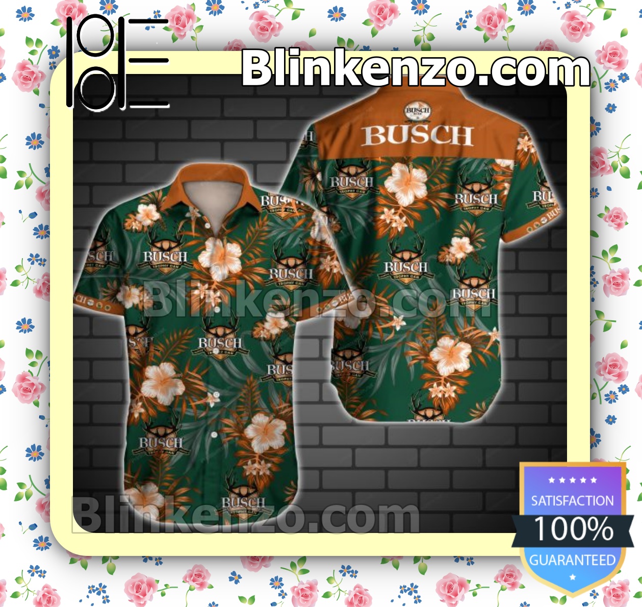 Official Busch Gold Trophy Beer Logo And Orange Hibiscus On Green Summer Shirts