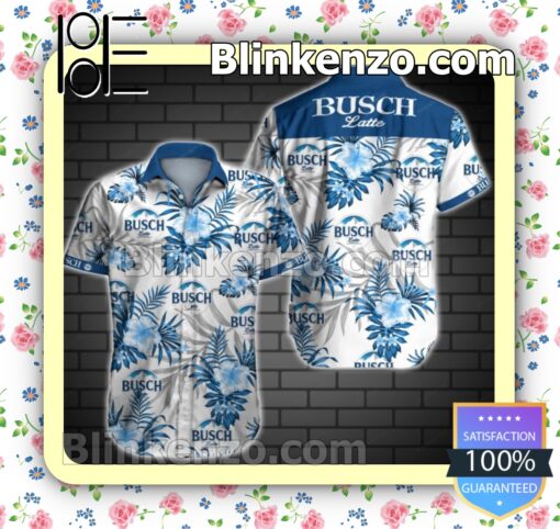 Busch Latte Logo And Blue Hibiscus On White Summer Shirts
