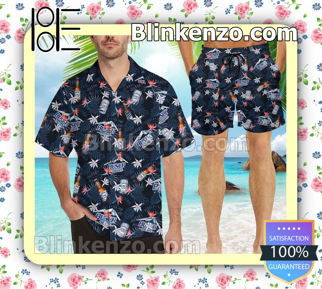 Busch Light Beer Flowery Navy Summer Hawaiian Shirt, Mens Shorts