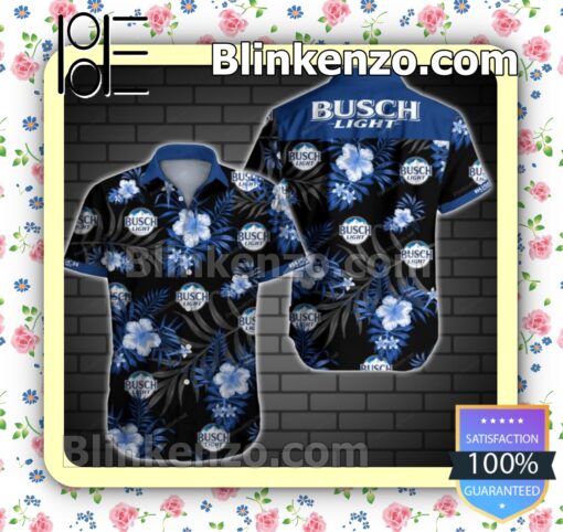 Busch Light Logo And Blue Hibiscus On Black Summer Shirts