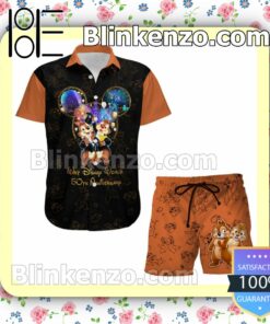 Chip & Dale 50th Anniversary Glitter Disney Castle Black Orange Summer Hawaiian Shirt, Mens Shorts