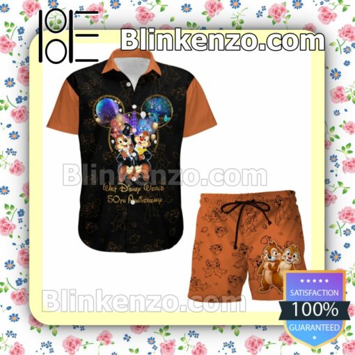 Chip & Dale 50th Anniversary Glitter Disney Castle Black Orange Summer Hawaiian Shirt, Mens Shorts