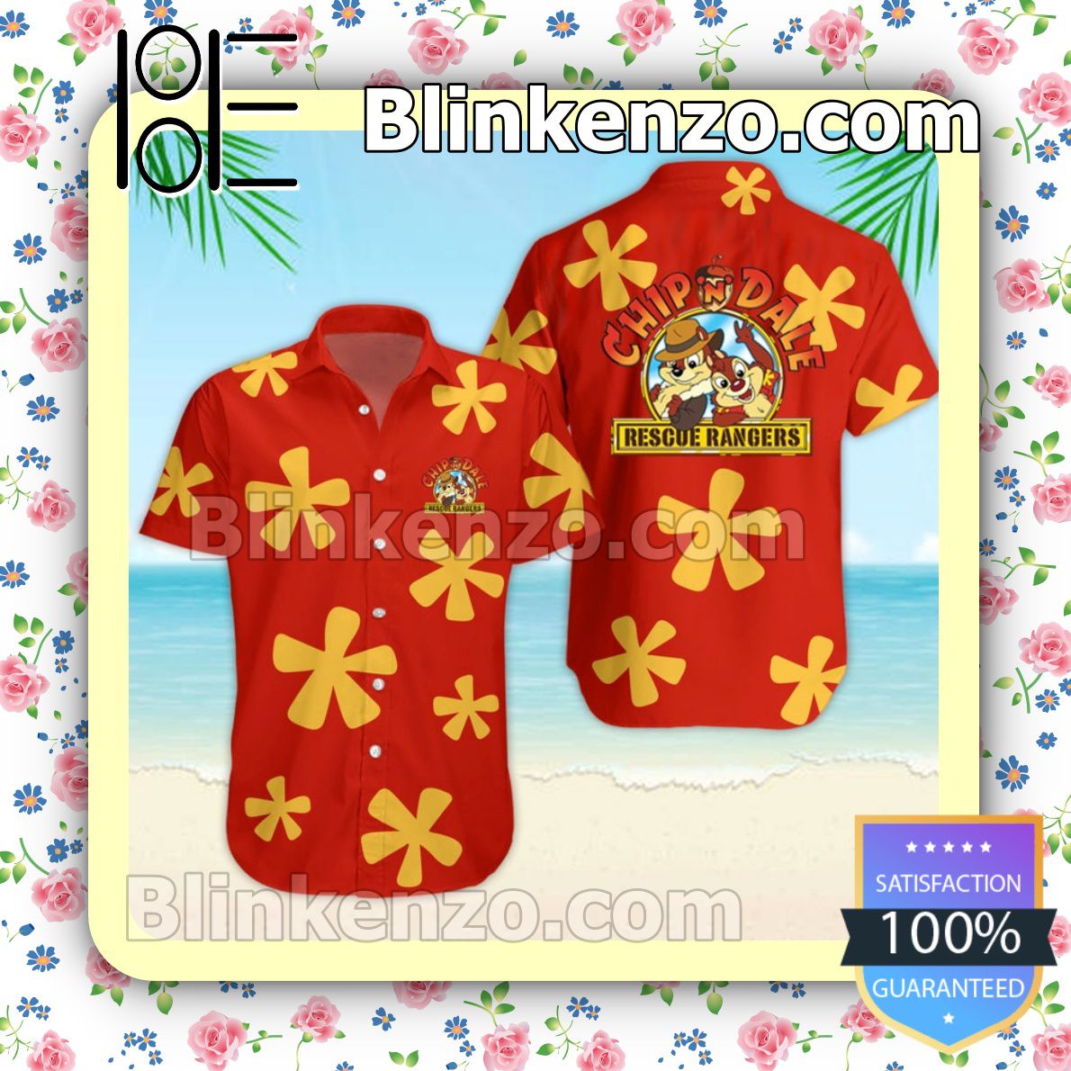 Chip & Dale Rescue Rangers Floral Pattern Red Summer Hawaiian Shirt, Mens Shorts
