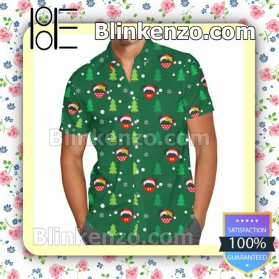 Christmas Santa Mickey & Minnie Disney Cartoon Graphics Inspired Green Summer Hawaiian Shirt, Mens Shorts