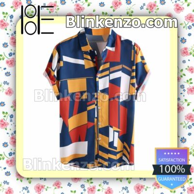 Contrast Color Geometric Printed Button-down Shirts