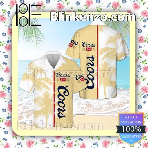 Coors Banquet Palm Tree Light Yellow White Summer Hawaiian Shirt