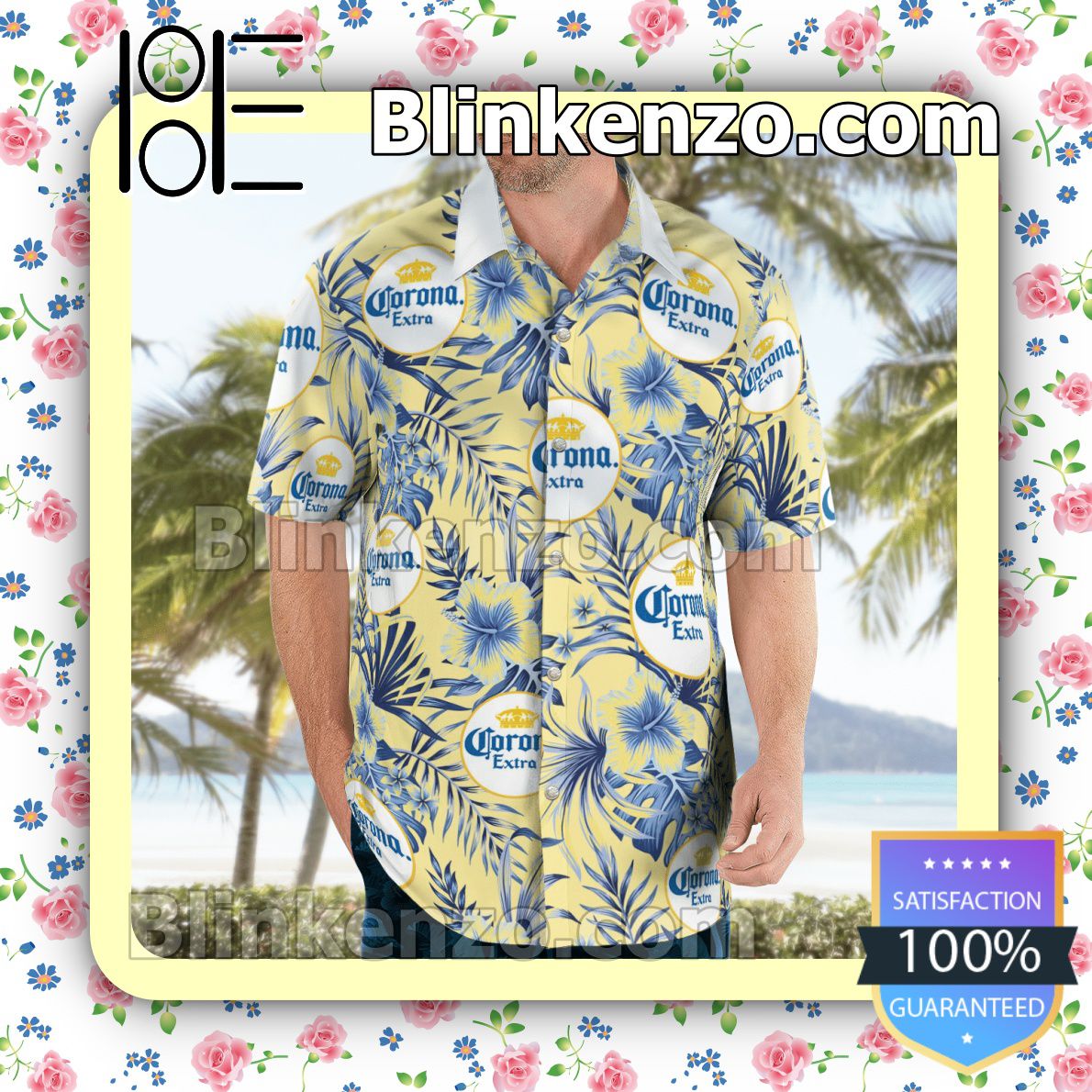 Corona Extra Beer Flowery Light Yellow Summer Hawaiian Shirt, Mens Shorts